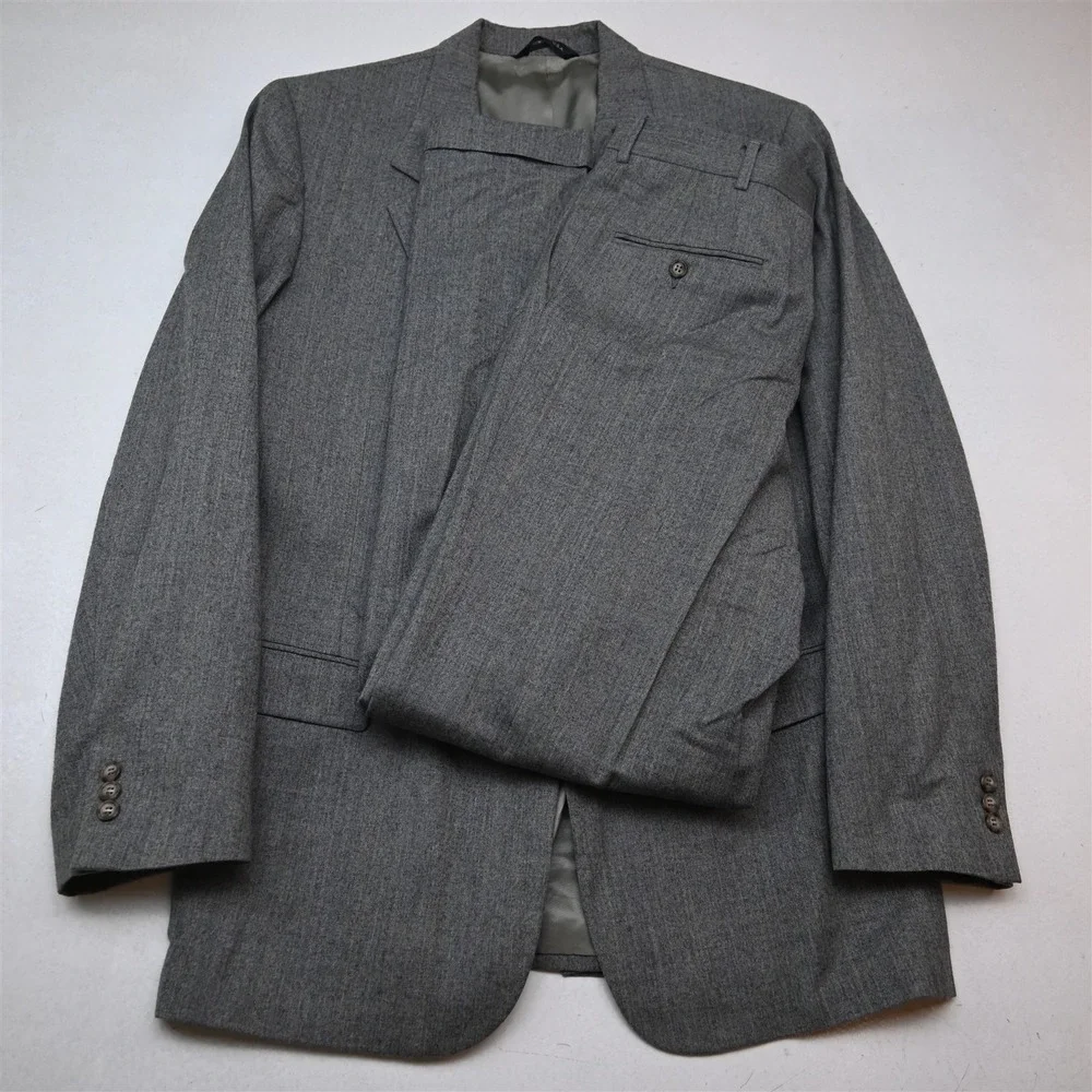 Vtg USA Made 42L 30x34 Gray Herringbone 100% Wool Flannel Mens Jacket Pants Suit